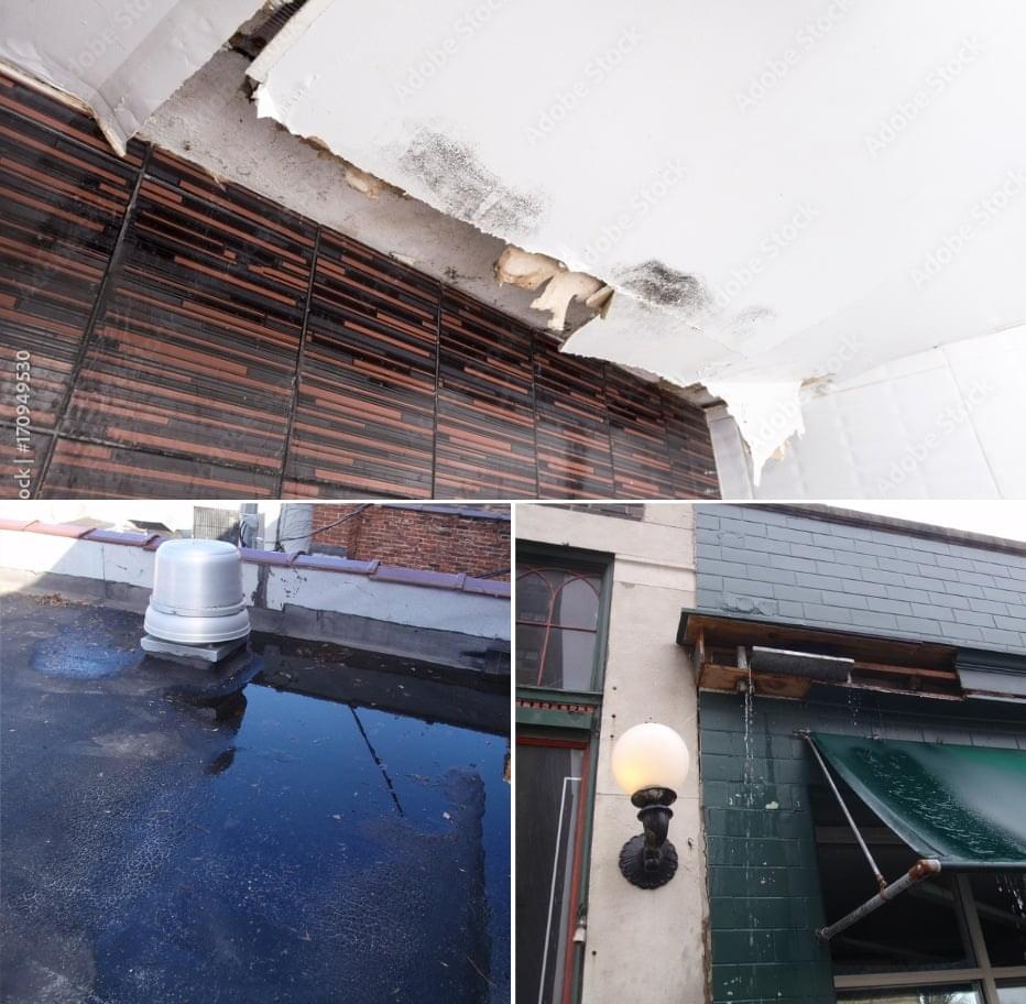 Damaged commercial roofs with leaks